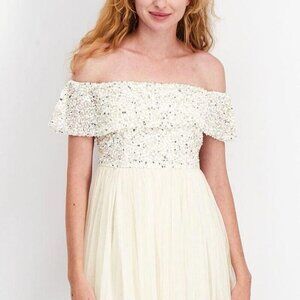 Women’s MAYA DELUXE Beige White Off Shoulder Mini Dress  NWT‎ size US 12